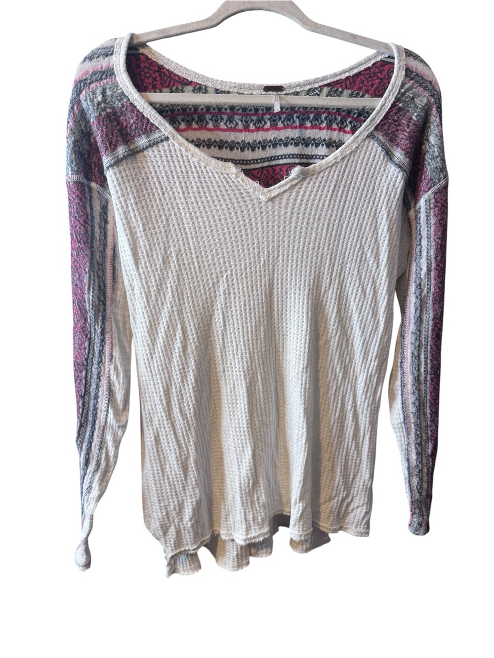 Free People Waffle Knit V-Neck Top with Pink Patterned Sleeves women’s medium